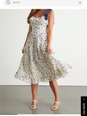 Lulu's Cream Midi Dress with Blue Floral Print and Navy Tie Straps